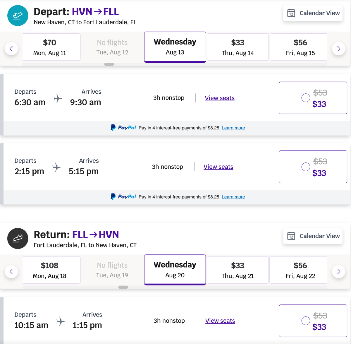 Avelo JULY4 discount HVN FLL round trip