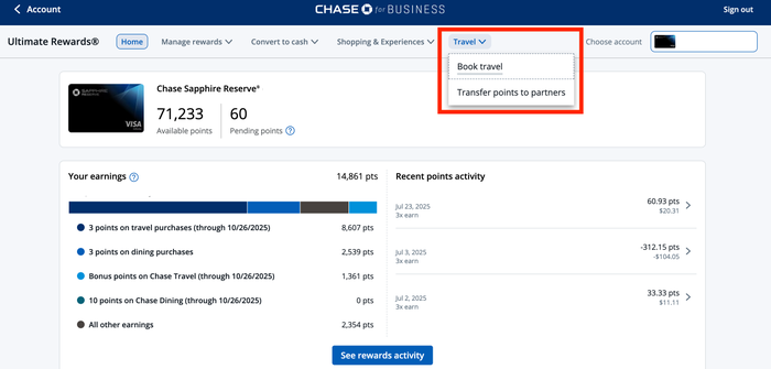 Ultimate Rewards dashboard Book travel through Chase travel portal 2