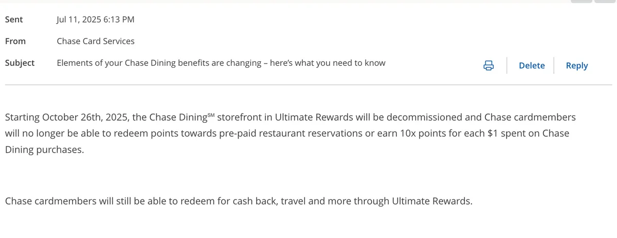 Chase Dining notice