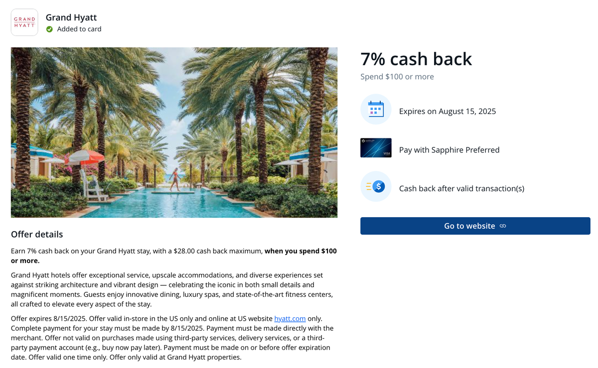 Chase Offer Grand Hyatt August 15 2025