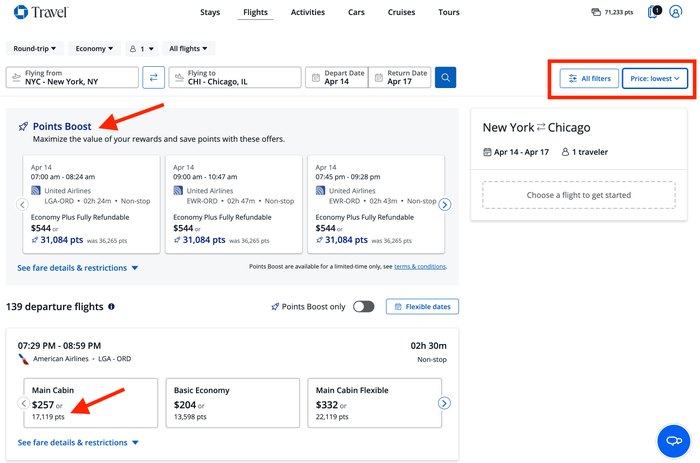 Chase Travel flight search results Chase Travel flight search