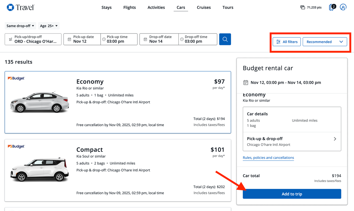 Chase travel car rental search
