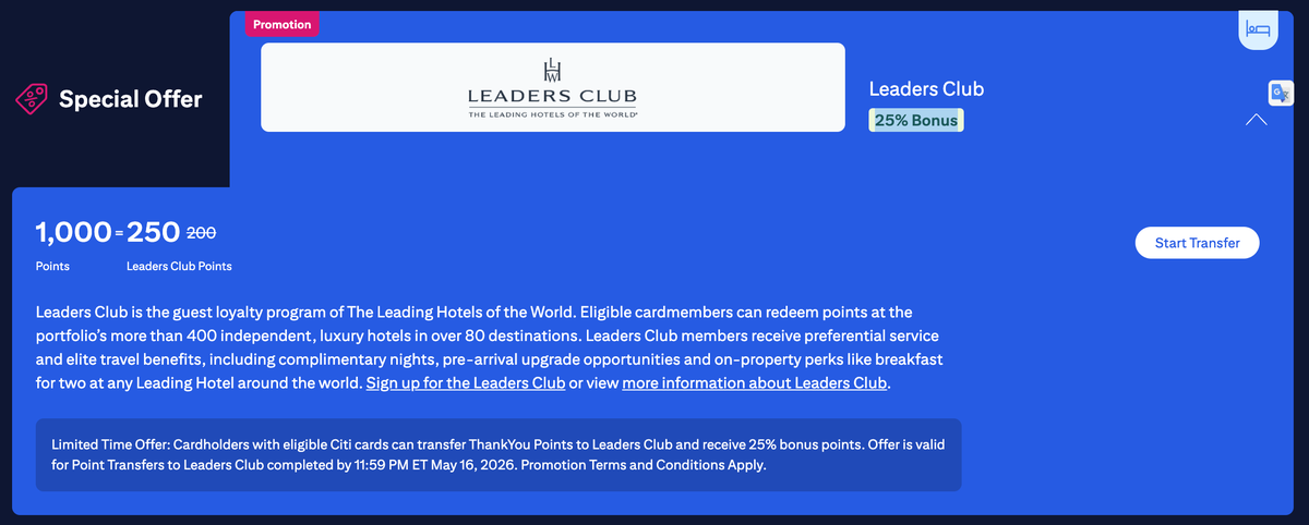 Citi LHW transfer bonus April 2026