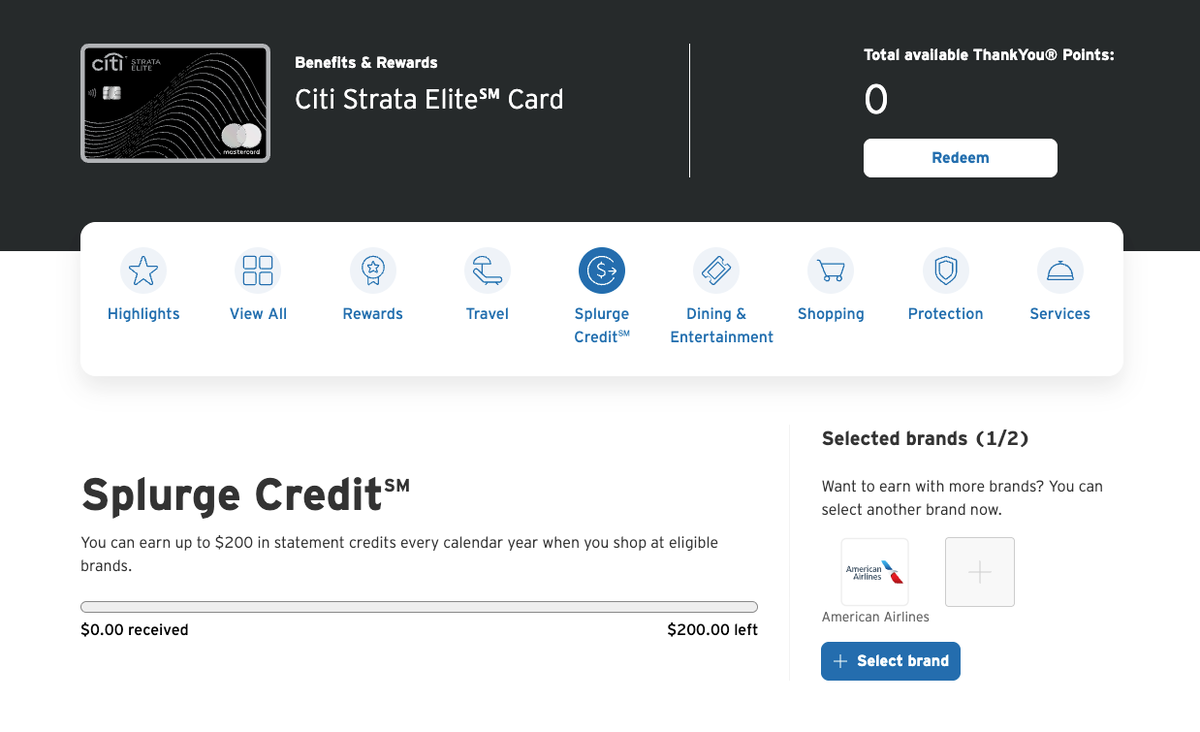 Citi Strata Elite Splurge Credit tracker
