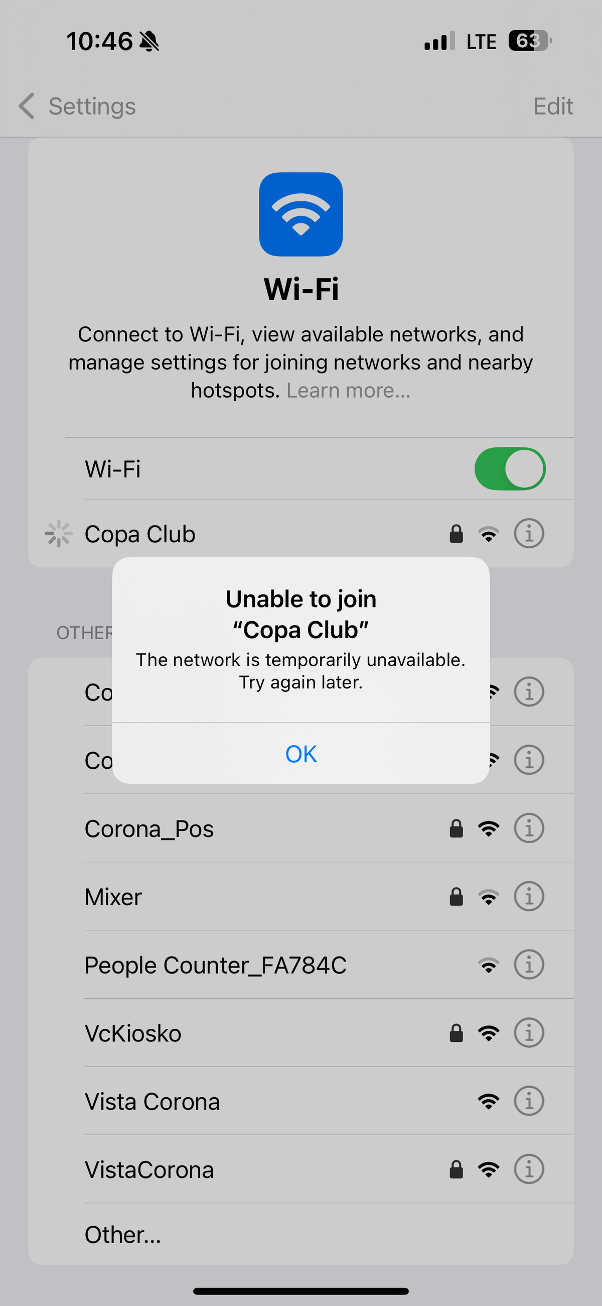 Copa Club PTY Terminal 2 wifi error