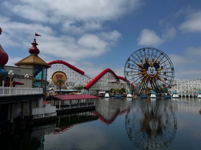 Disney California Adventure Pixar Pier attractions angled view Disney California Adventure Pixar Pier attractions angled view
