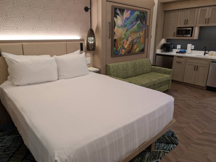 Disney Vacation Club tour Disney's Polynesian Villas and Bungalows Deluxe Studio model bed and kitchen