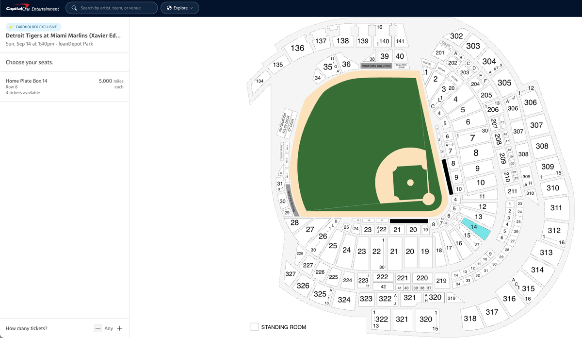 Dodgers at Marlins September 14 2025 using Capital One miles