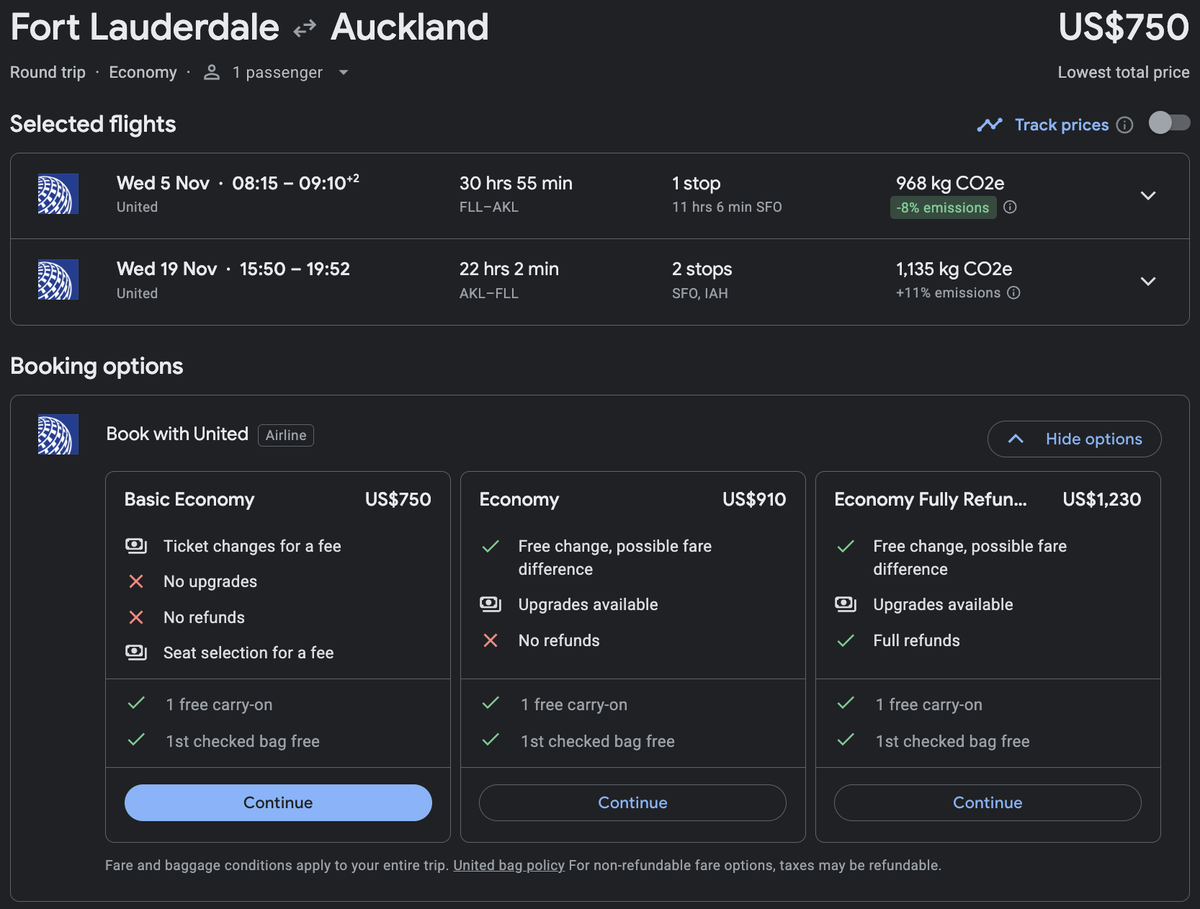 Fort Lauderdale to Auckland with United