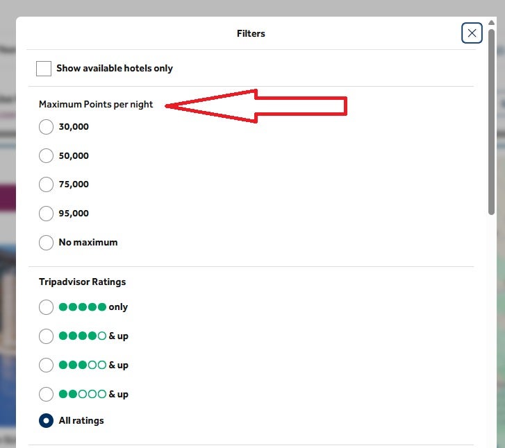 Hilton Honors Booking Filters