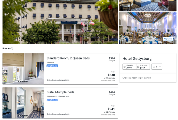 Hotel Gettysburg booking screen Hotel Gettysburg booking screen