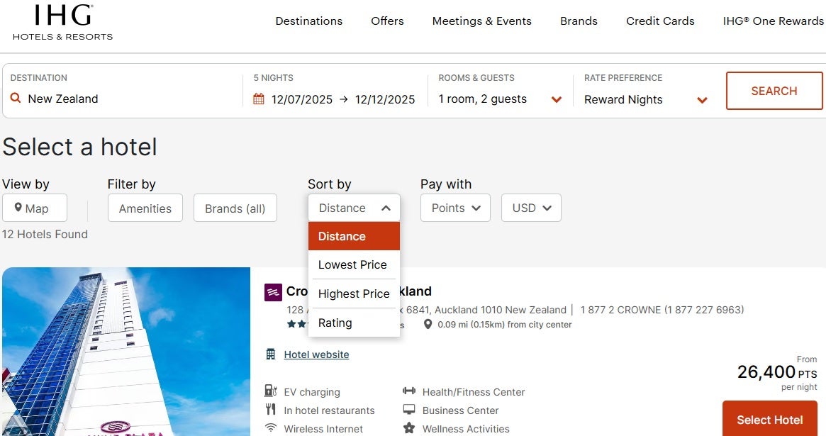 IHG One Rewards Sort and Filter