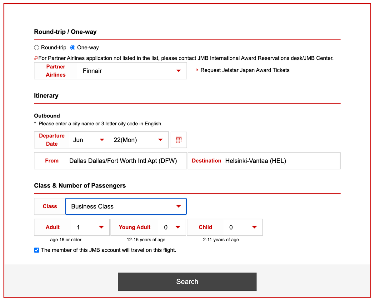 JMB award search page partner flight