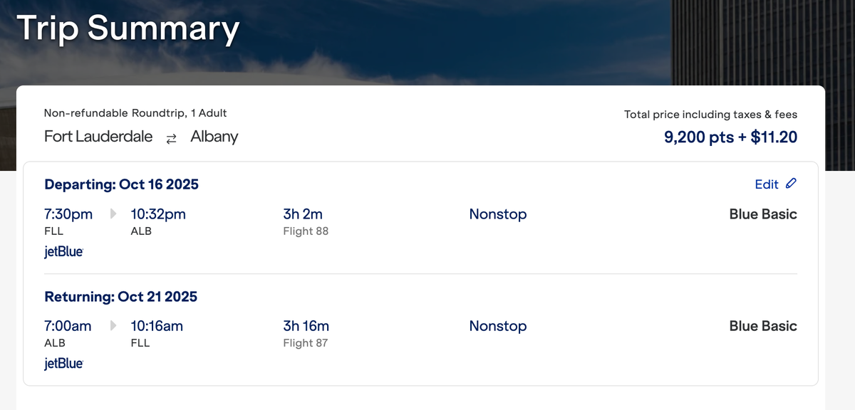 JetBlue FLL to Albany Points Fare 1