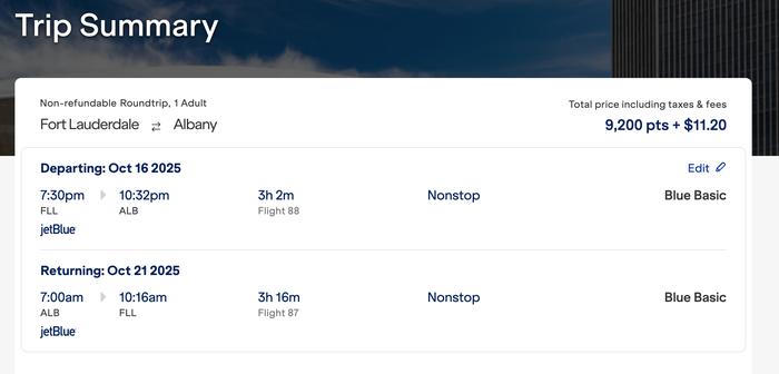 JetBlue FLL to Albany Points Fare 1