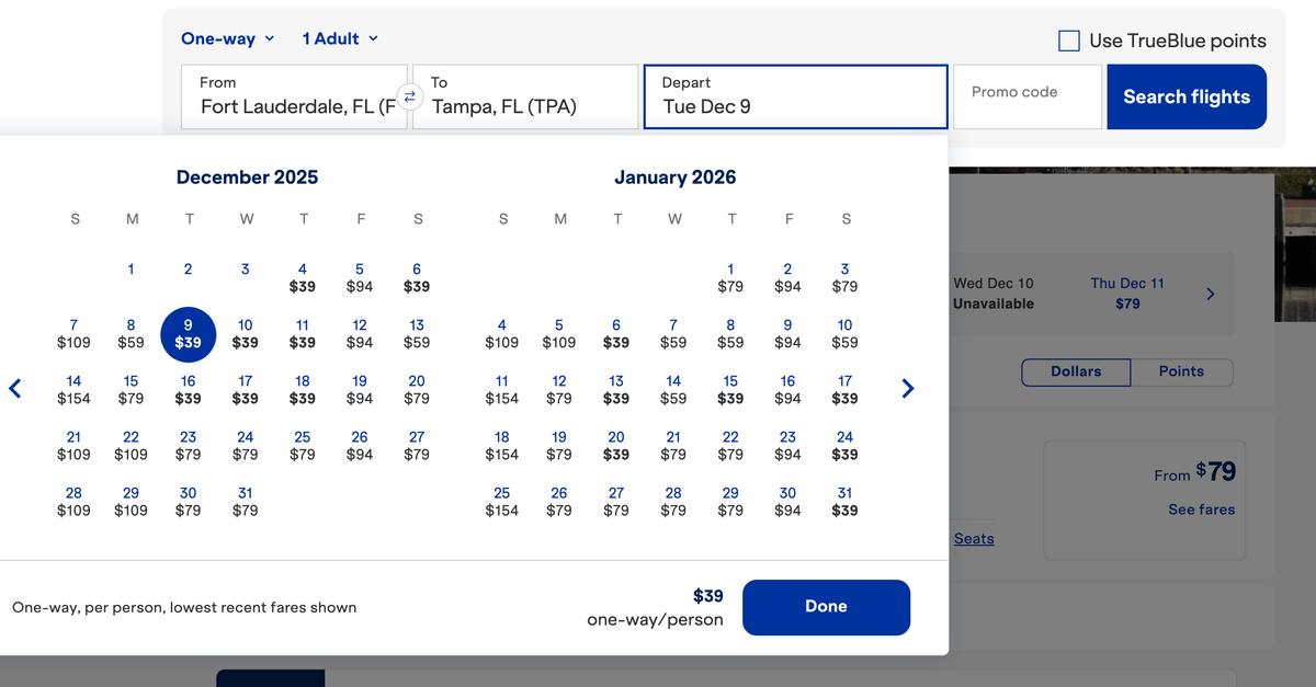 JetBlue FLL to TPA Cash