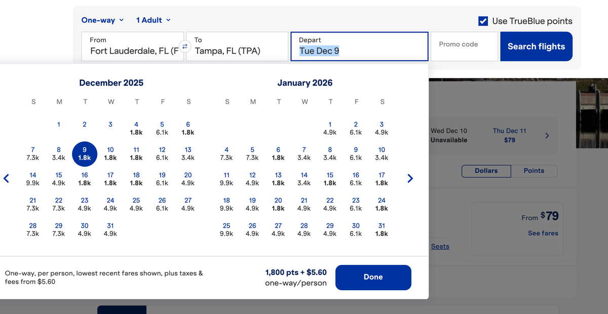 JetBlue FLL to TPA Points