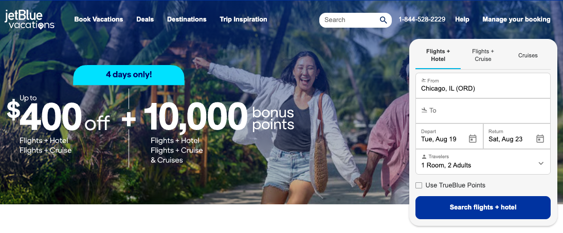 JetBlue Vacations promotion 10k points 400 discount