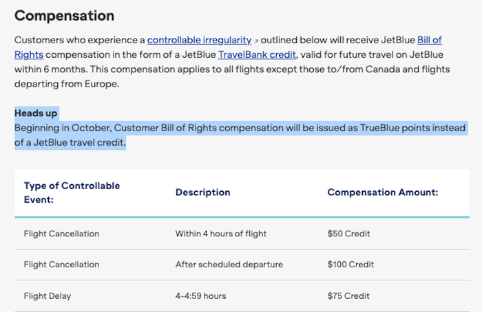 JetBlue bill of rights compensation points notice