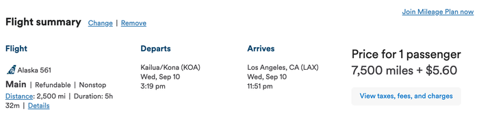 Kona to Los Angeles Alaska Airlines Award Ticket