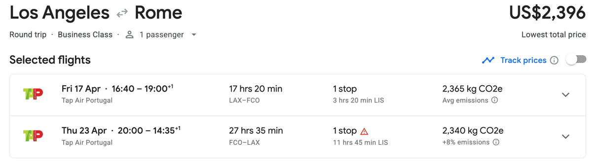 Los Angeles to Rome with TAP in April