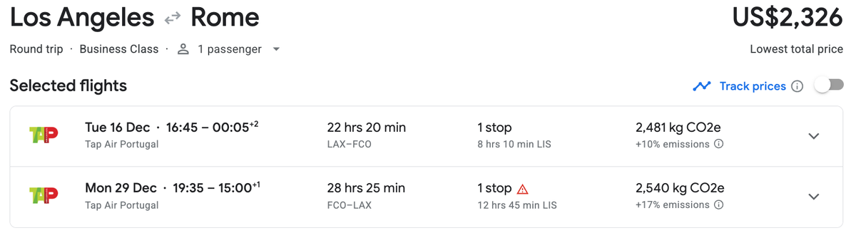 Los Angeles to Rome with TAP in December