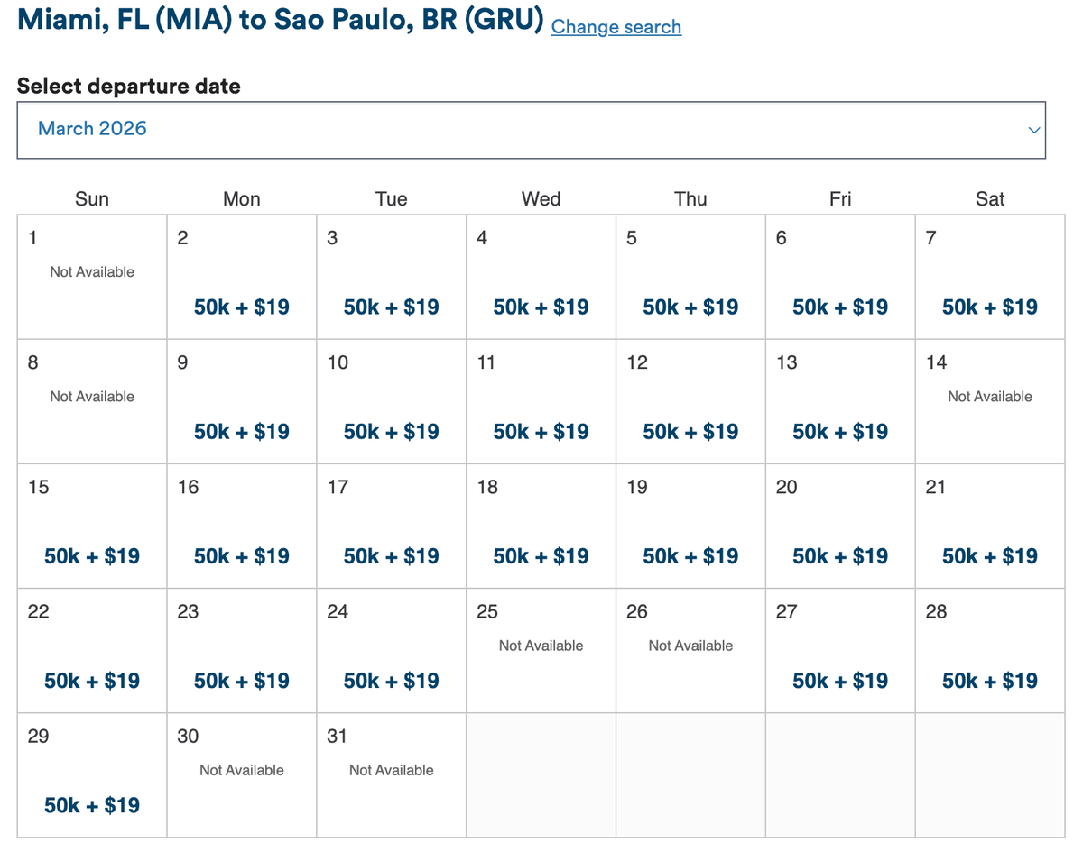 MIA GRU Alaska award calendar Mach 2026