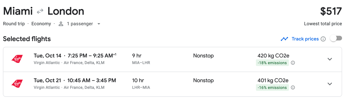 MIA LHR RT Virgin Atlantic price economy