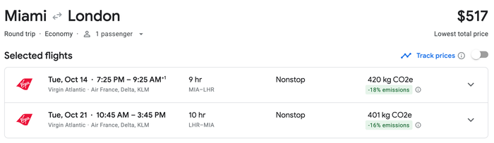MIA LHR RT Virgin Atlantic price economy