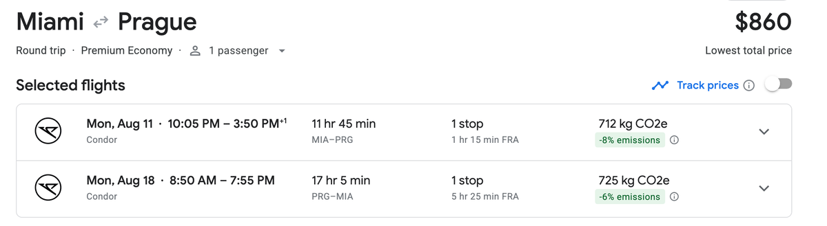 MIA to PRG Google Flights Condor