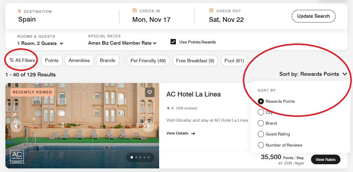 Marriott Bonvoy Sort by Points 