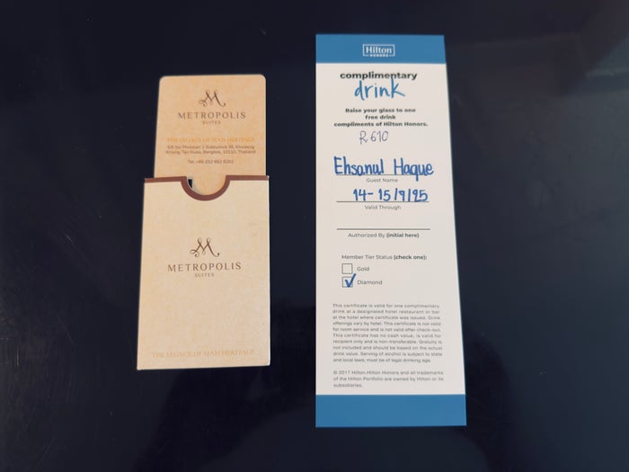 Metropolis Suites Bangkok room key cards drink voucher Metropolis Suites Bangkok room key cards drink voucher
