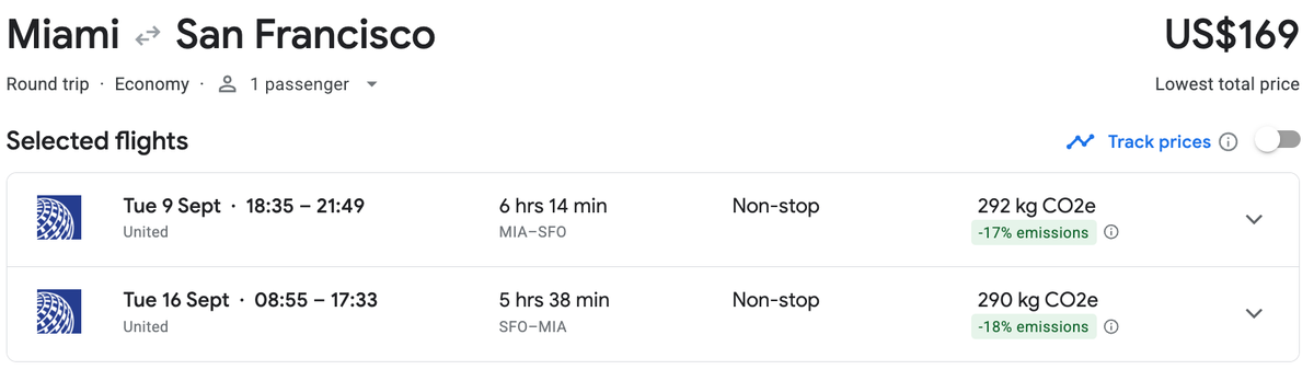 Miami to San Francisco with United for 169 USD