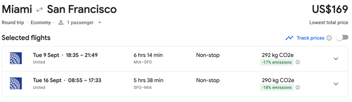 Miami to San Francisco with United for 169 USD