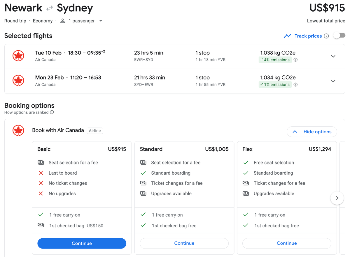 New York to Sydney with Air Canada in February 2026