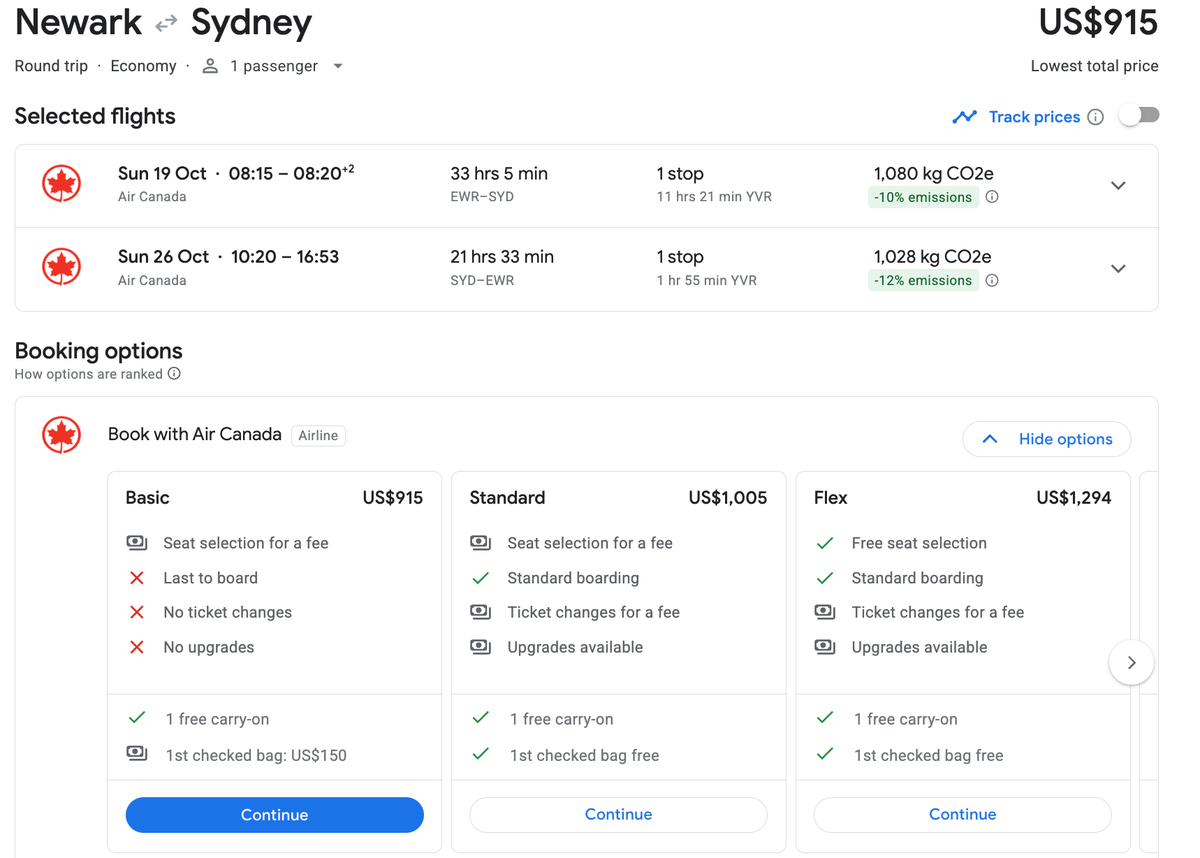 New York to Sydney with Air Canada in October