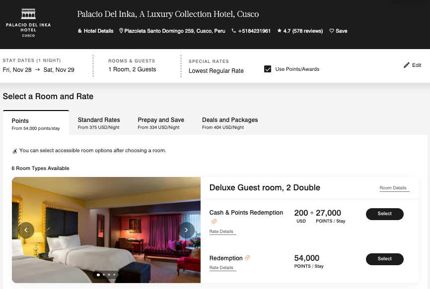 Palacio Del Inka Marriott Cash and Points Rates