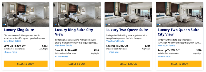 Palazzo room type costs Palazzo room type costs