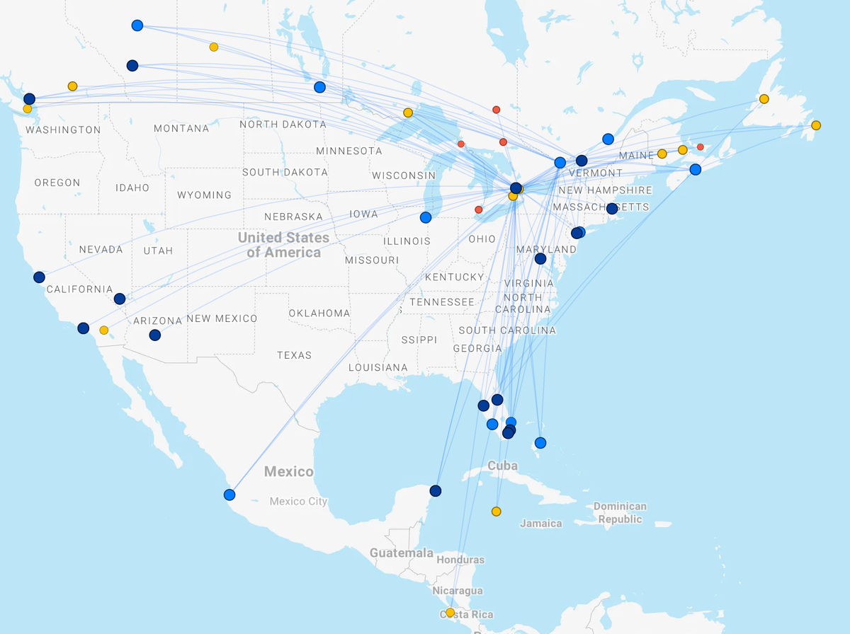 Porter Airlines route network map