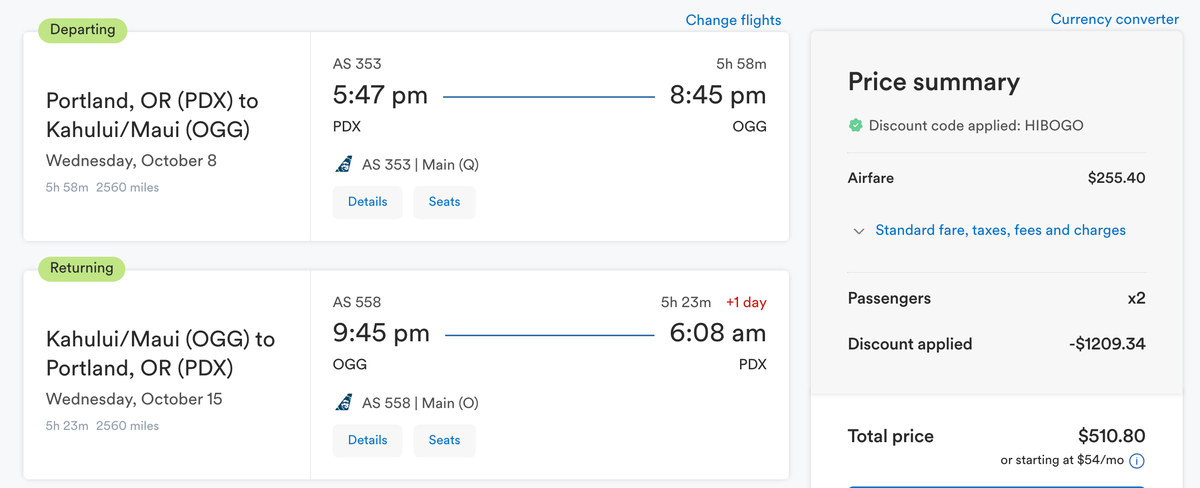 Portland to Kahului Alaska and Hawaiian deal