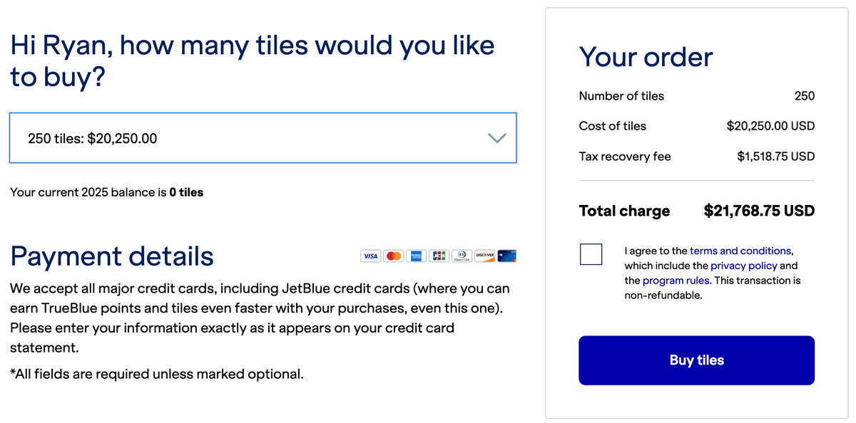 Purchase 250 JetBlue tiles July 2025