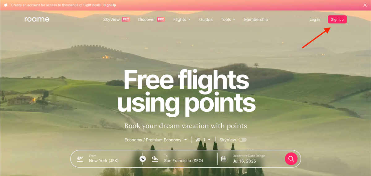 Roame.Travel sign up page