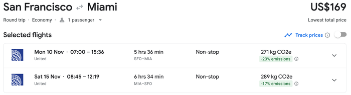 San Francisco to Miami with United for 169 USD