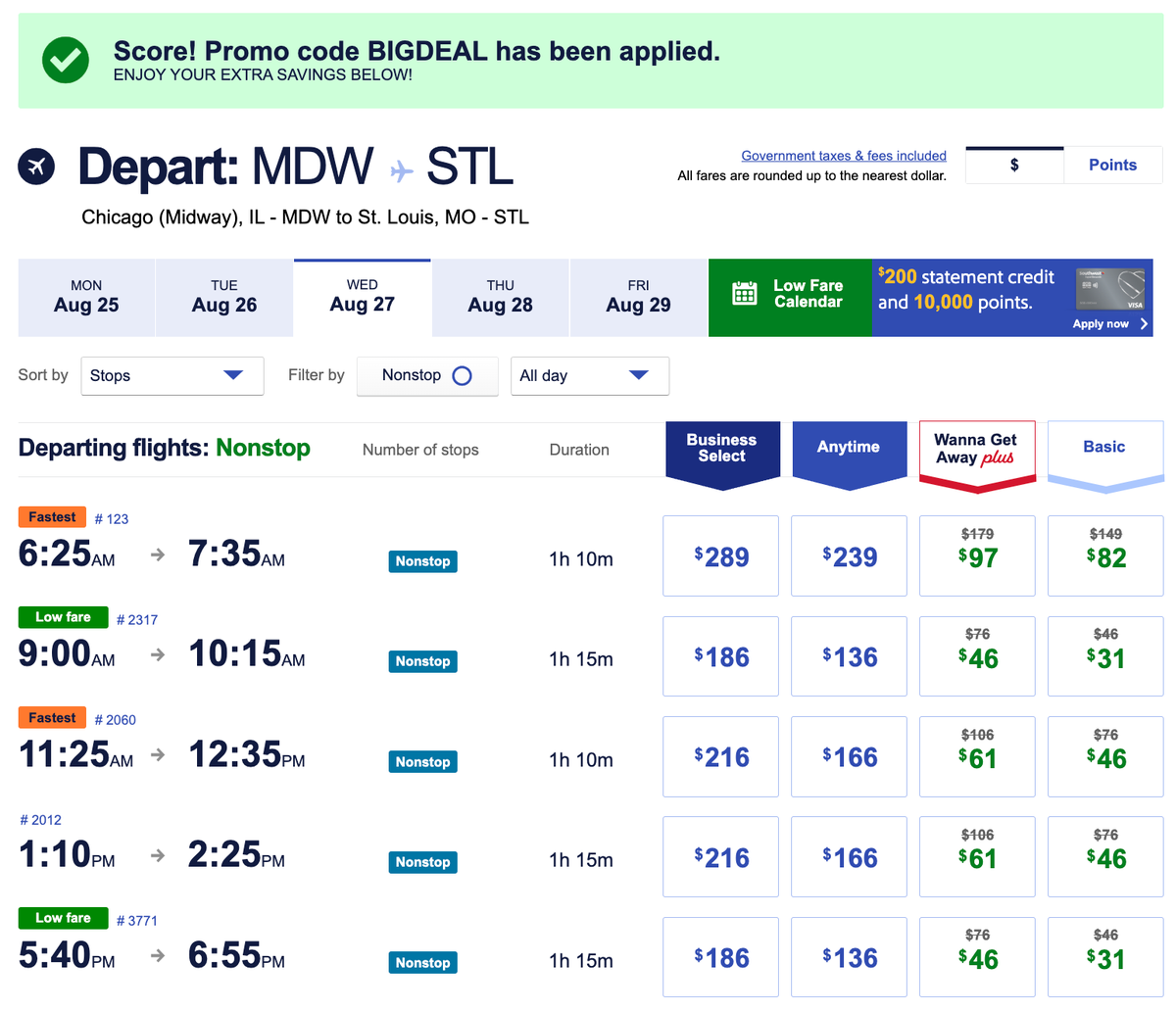 Southwest BIGDEAL fare MDW STL