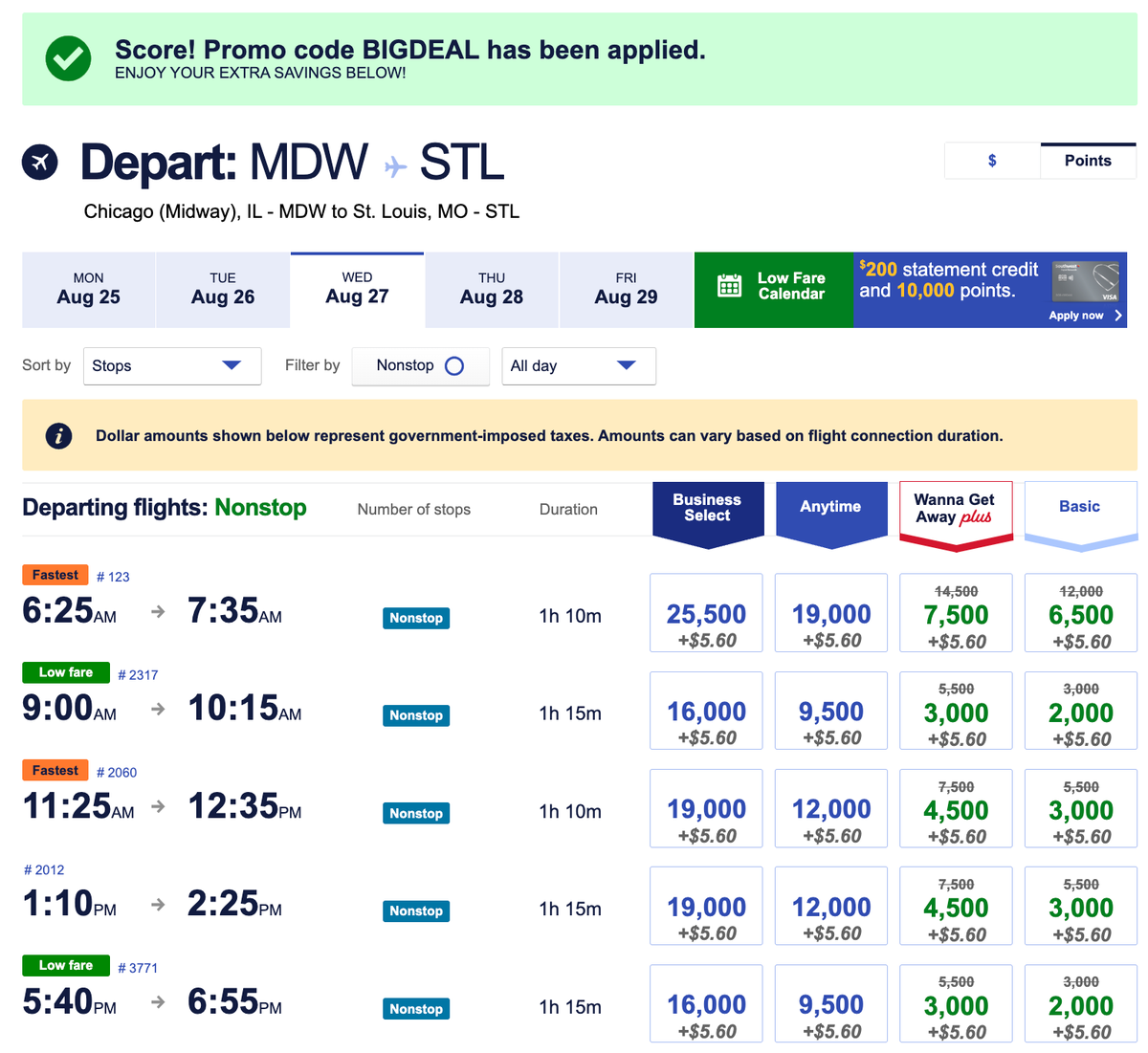 Southwest BIGDEAL points booking MDW STL