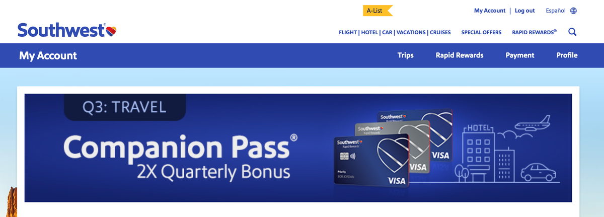Southwest Companion Pass Quarterly promo 2x points
