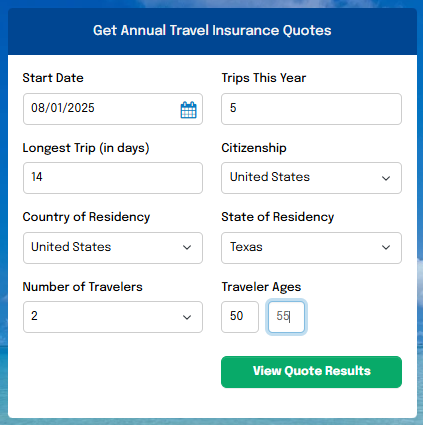 Squaremouth annual travel insurance search page