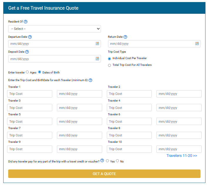 Squaremouth group travel insurance search page