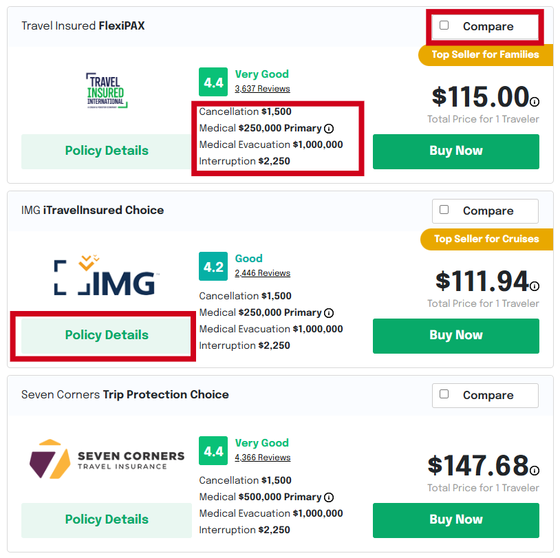 Squaremouth search results page indicating feautres to use