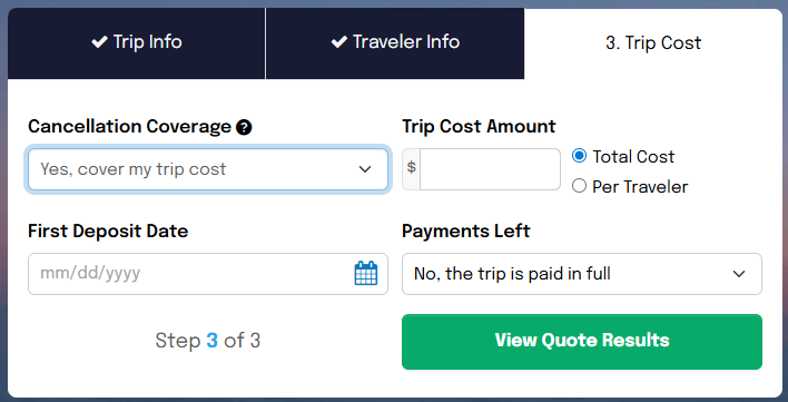 Squaremouth travel insurance search page 3 payment details